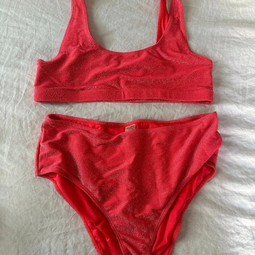 Good American Sparkle Two Piece Bikini in Coral - Picture 1 of 4